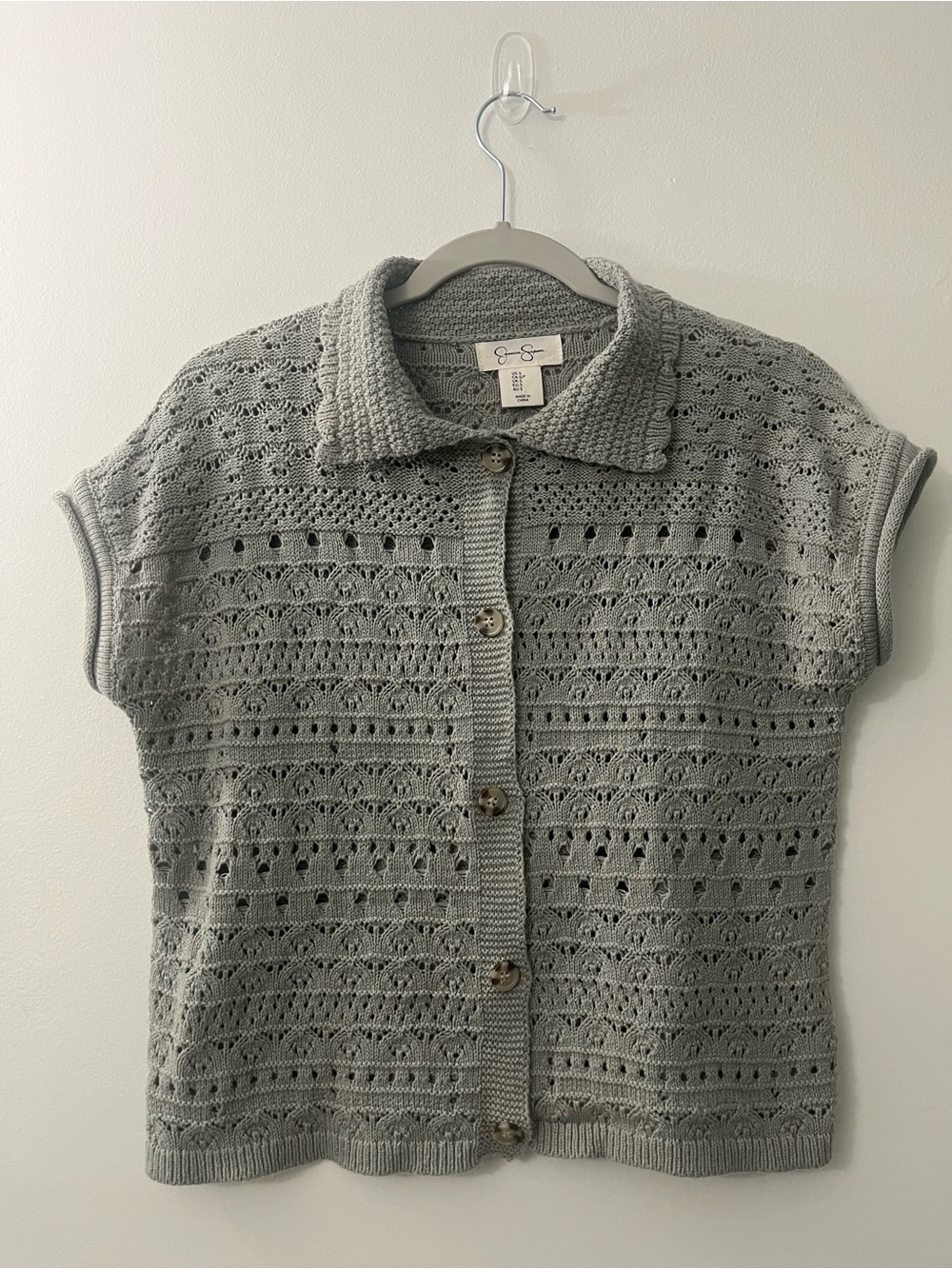 Jessica Simpson Gray Crochet Short-Sleeve Button Cardigan